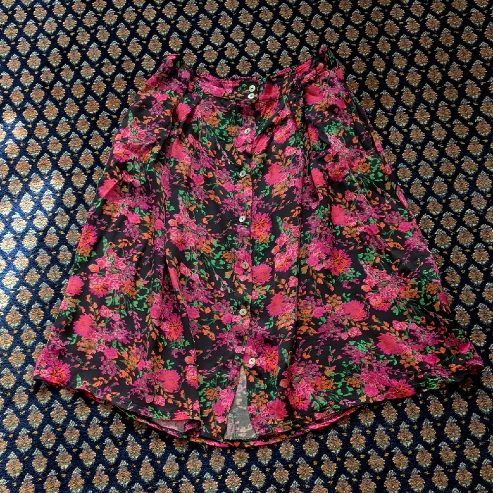FRNCH Vibrant Floral A-Line Skirt - Pink and Black